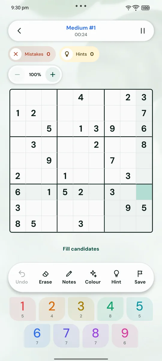 A classic Sudoku board in Ninebloom with pencil marks