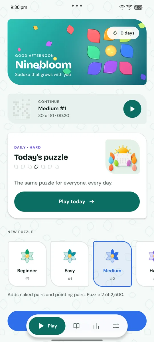 Ninebloom's home screen with the daily puzzle and levels