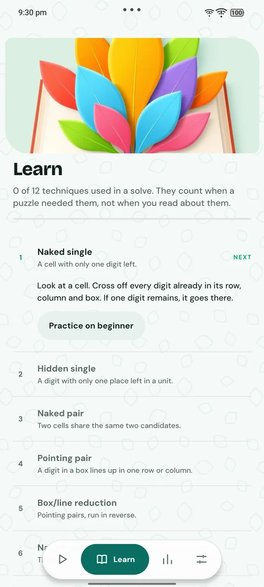 Ninebloom's Learn tab listing the techniques in order